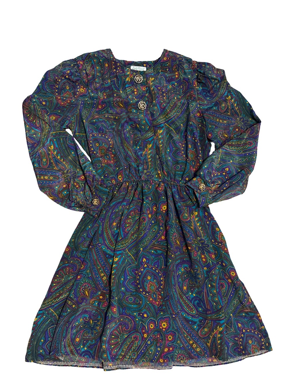 Lady Carol Petites Vintage Paisley Long Sleeve Dress - Purple Multicolor